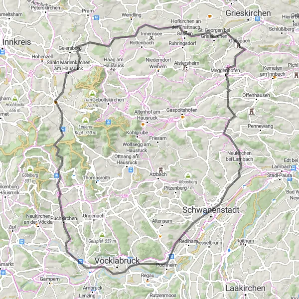 Miniature de la carte de l'inspiration cycliste "Route des Tours de Puissance" dans la Oberösterreich, Austria. Générée par le planificateur d'itinéraire cycliste Tarmacs.app