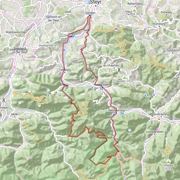 Miniatura mapy "Przygoda gravelowa na Rehkogel" - trasy rowerowej w Oberösterreich, Austria. Wygenerowane przez planer tras rowerowych Tarmacs.app