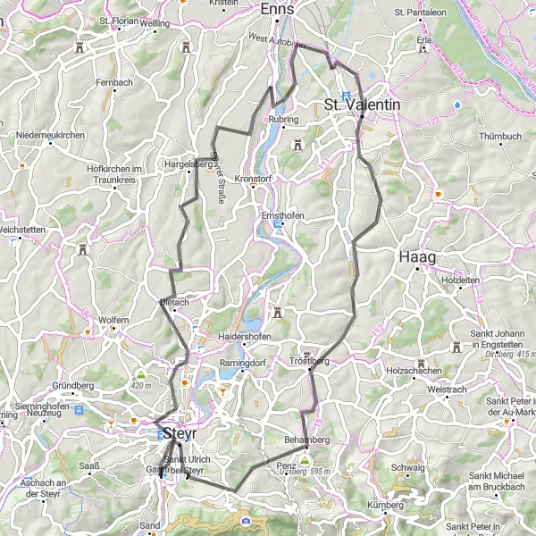 Miniatuurkaart van de fietsinspiratie "Roadtrip door historische plaatsen" in Oberösterreich, Austria. Gemaakt door de Tarmacs.app fietsrouteplanner