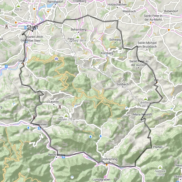 Miniatuurkaart van de fietsinspiratie "Avontuurlijke Ontdekkingstocht" in Oberösterreich, Austria. Gemaakt door de Tarmacs.app fietsrouteplanner