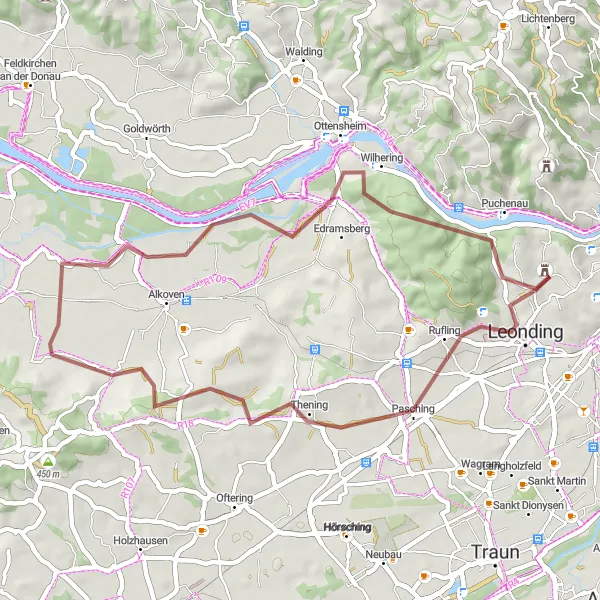 Mapa miniatúra "Gravelová trasa cez Wilhering" cyklistická inšpirácia v Oberösterreich, Austria. Vygenerované cyklistickým plánovačom trás Tarmacs.app