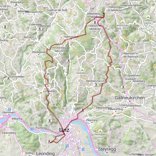 Zemljevid v pomanjšavi "Gravelna avantura skozi Oberösterreischko podeželje" kolesarske inspiracije v Oberösterreich, Austria. Generirano z načrtovalcem kolesarskih poti Tarmacs.app