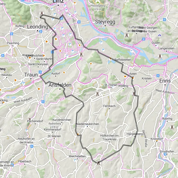 Zemljevid v pomanjšavi "Raznolika kolesarska avantura" kolesarske inspiracije v Oberösterreich, Austria. Generirano z načrtovalcem kolesarskih poti Tarmacs.app