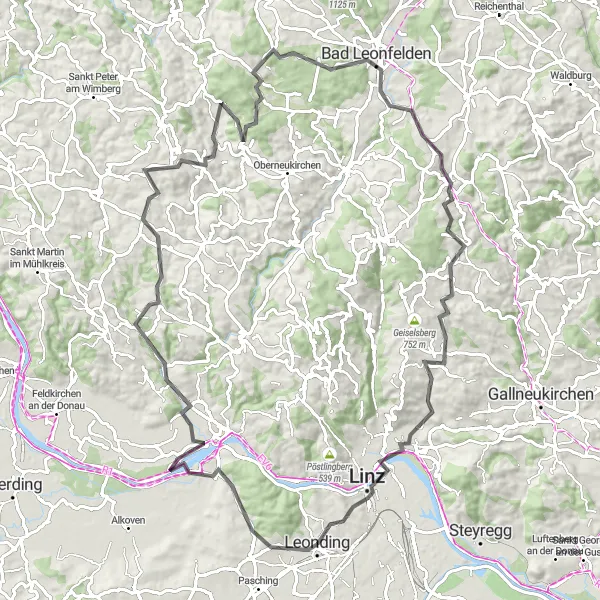 Zemljevid v pomanjšavi "Raznolika cestna kolesarska pot skozi zgodovinske kraje" kolesarske inspiracije v Oberösterreich, Austria. Generirano z načrtovalcem kolesarskih poti Tarmacs.app