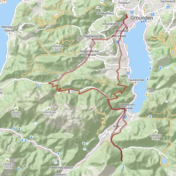 Map miniature of "Gravel Adventure in Gmunden and Altmünster" cycling inspiration in Oberösterreich, Austria. Generated by Tarmacs.app cycling route planner