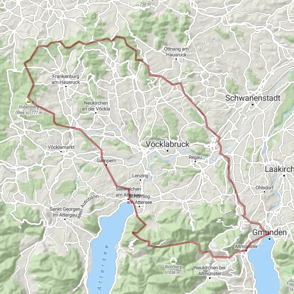 Miniaturekort af cykelinspirationen "Gruscykelrute nær Gmunden" i Oberösterreich, Austria. Genereret af Tarmacs.app cykelruteplanlægger