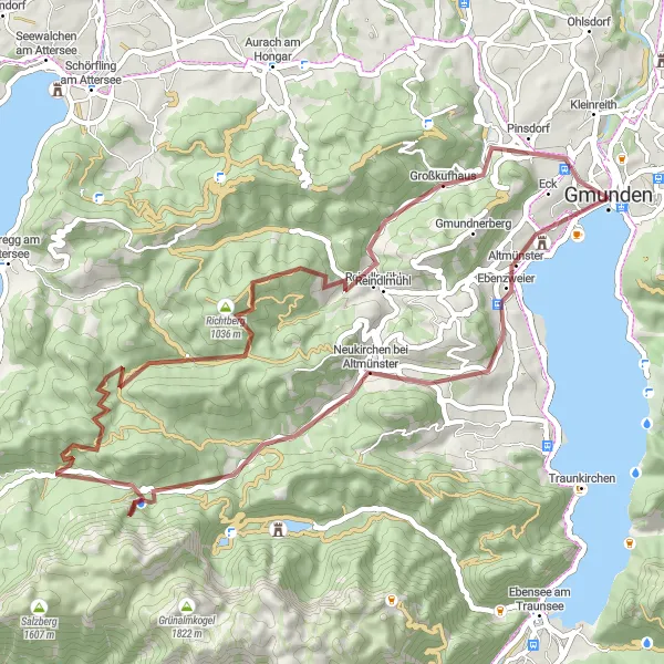 Zemljevid v pomanjšavi "Panoramska avantura po gorovju Traunstein" kolesarske inspiracije v Oberösterreich, Austria. Generirano z načrtovalcem kolesarskih poti Tarmacs.app