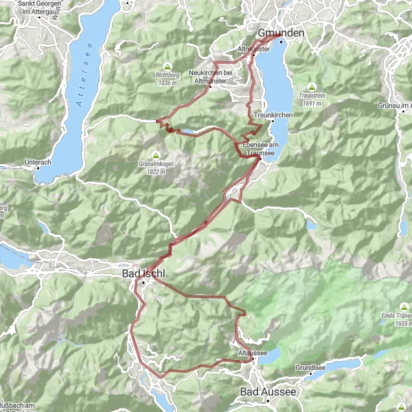 Miniatura della mappa di ispirazione al ciclismo "Giro in bicicletta su sterrato intorno a Gmunden" nella regione di Oberösterreich, Austria. Generata da Tarmacs.app, pianificatore di rotte ciclistiche