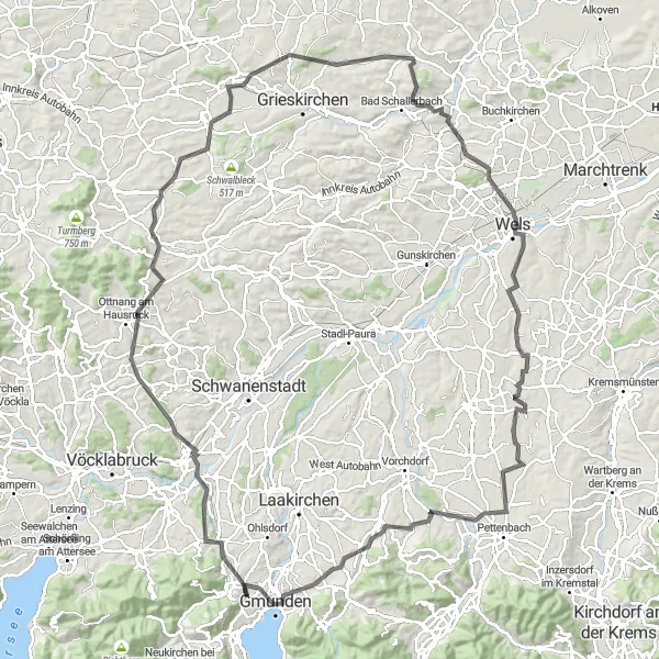 Miniatura della mappa di ispirazione al ciclismo "Tour Stradale Trattenbach - Wels" nella regione di Oberösterreich, Austria. Generata da Tarmacs.app, pianificatore di rotte ciclistiche