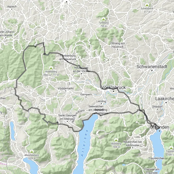 Kartminiatyr av "Gmunden til Hochkogl Road Cycling Route" sykkelinspirasjon i Oberösterreich, Austria. Generert av Tarmacs.app sykkelrutoplanlegger