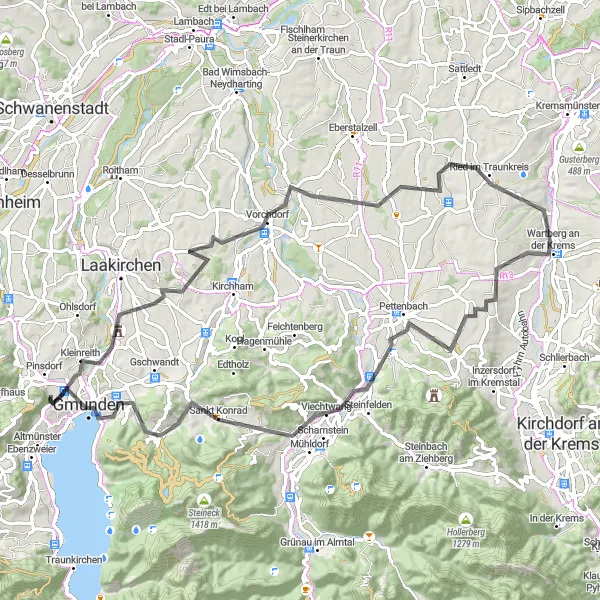 Kartminiatyr av "Gmunden til Kaibling Road Cycling Route" sykkelinspirasjon i Oberösterreich, Austria. Generert av Tarmacs.app sykkelrutoplanlegger