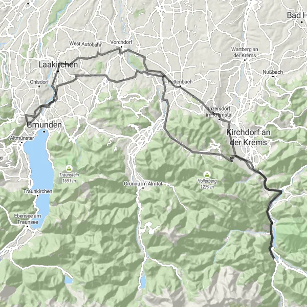 Miniature de la carte de l'inspiration cycliste "Boucle Pettenbach-Kunzenberg-Pinsdorfberg" dans la Oberösterreich, Austria. Générée par le planificateur d'itinéraire cycliste Tarmacs.app