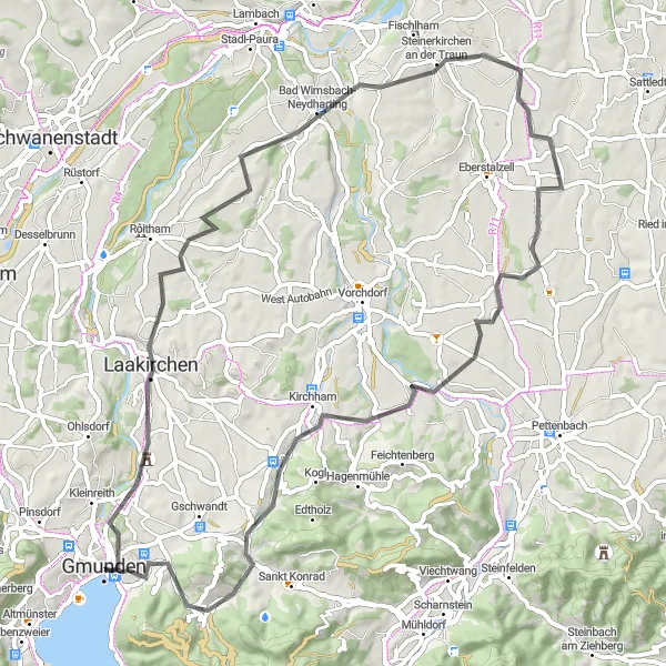 Map miniature of "Gmunden Road Tour" cycling inspiration in Oberösterreich, Austria. Generated by Tarmacs.app cycling route planner