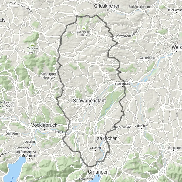 Zemljevid v pomanjšavi "Kolesarska pot okoli Gmunden - Road" kolesarske inspiracije v Oberösterreich, Austria. Generirano z načrtovalcem kolesarskih poti Tarmacs.app