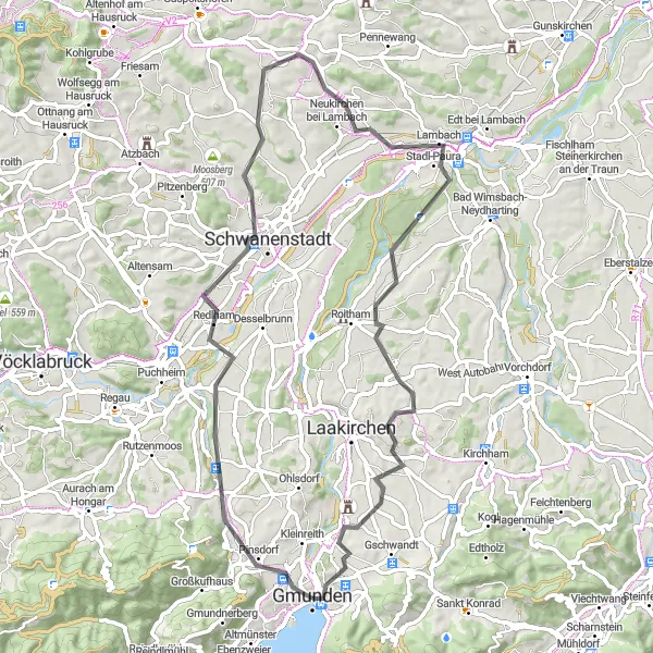 Miniatura della mappa di ispirazione al ciclismo "Giro in bicicletta da Gmunden a Gmunden" nella regione di Oberösterreich, Austria. Generata da Tarmacs.app, pianificatore di rotte ciclistiche