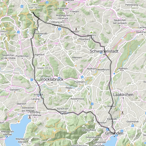 Zemljevid v pomanjšavi "Kolesarska pot okoli Gmunden - Road" kolesarske inspiracije v Oberösterreich, Austria. Generirano z načrtovalcem kolesarskih poti Tarmacs.app