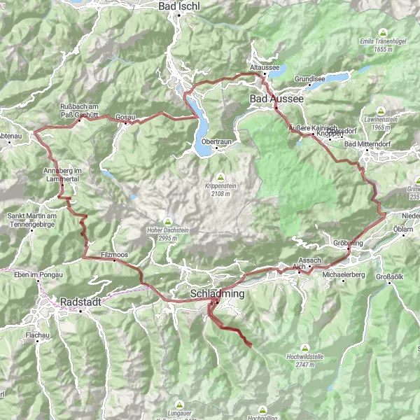 Miniatura della mappa di ispirazione al ciclismo "Avventuroso giro in gravità delle Altezze austriche" nella regione di Oberösterreich, Austria. Generata da Tarmacs.app, pianificatore di rotte ciclistiche