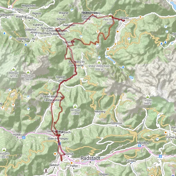 Miniatua del mapa de inspiración ciclista "Recorrido en Grava alrededor de Gosau" en Oberösterreich, Austria. Generado por Tarmacs.app planificador de rutas ciclistas