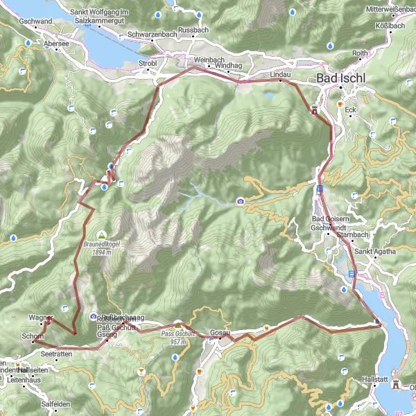 Kartminiatyr av "Bakketopper og Grusveier: Gosau til Bad Goisern Utforskning" sykkelinspirasjon i Oberösterreich, Austria. Generert av Tarmacs.app sykkelrutoplanlegger