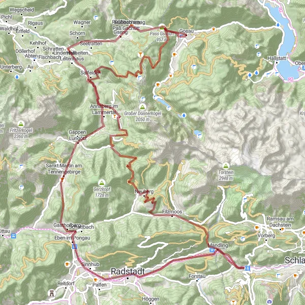Miniatua del mapa de inspiración ciclista "Aventura en Gravel por los Alpes cerca de Gosau" en Oberösterreich, Austria. Generado por Tarmacs.app planificador de rutas ciclistas