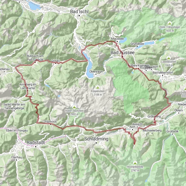 Miniatura della mappa di ispirazione al ciclismo "Gosau Gravel Adventure" nella regione di Oberösterreich, Austria. Generata da Tarmacs.app, pianificatore di rotte ciclistiche