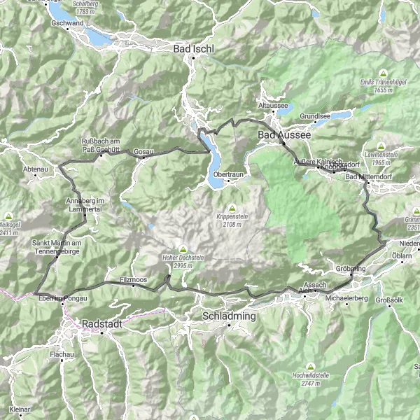 Miniaturní mapa "Cyklistická trasa kolem Gosau" inspirace pro cyklisty v oblasti Oberösterreich, Austria. Vytvořeno pomocí plánovače tras Tarmacs.app