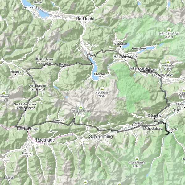 Miniatua del mapa de inspiración ciclista "Desafío alpinista por los Lagos de Austria" en Oberösterreich, Austria. Generado por Tarmacs.app planificador de rutas ciclistas