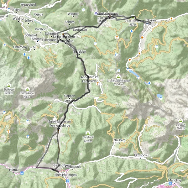 Miniature de la carte de l'inspiration cycliste "Parcours de montagne de Sankt Martin à Pass Gschütt" dans la Oberösterreich, Austria. Générée par le planificateur d'itinéraire cycliste Tarmacs.app