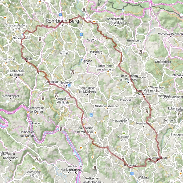 Miniatura della mappa di ispirazione al ciclismo "Escursione in gravel nei dintorni di Gramastetten" nella regione di Oberösterreich, Austria. Generata da Tarmacs.app, pianificatore di rotte ciclistiche