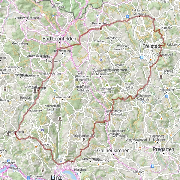 Zemljevid v pomanjšavi "Gravel avantura blizu Gramastettena" kolesarske inspiracije v Oberösterreich, Austria. Generirano z načrtovalcem kolesarskih poti Tarmacs.app