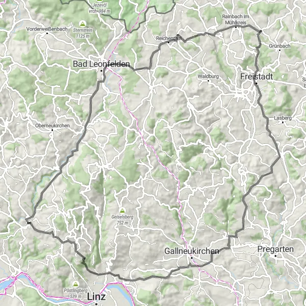 Miniatura della mappa di ispirazione al ciclismo "Itinerario ciclistico panoramico da Gramastetten" nella regione di Oberösterreich, Austria. Generata da Tarmacs.app, pianificatore di rotte ciclistiche