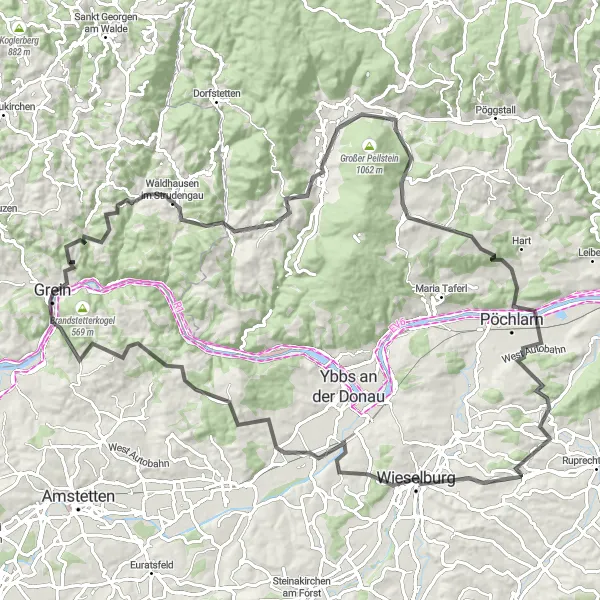 Miniatua del mapa de inspiración ciclista "Ruta en Carretera por Grein y Neumarkt" en Oberösterreich, Austria. Generado por Tarmacs.app planificador de rutas ciclistas