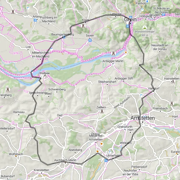 Miniaturní mapa "Prozkoumání historie a scenérie kolem Greinburgu" inspirace pro cyklisty v oblasti Oberösterreich, Austria. Vytvořeno pomocí plánovače tras Tarmacs.app