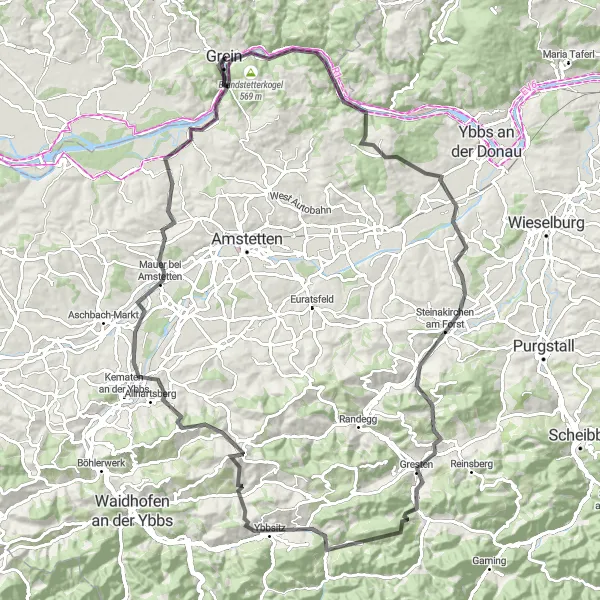 Miniatua del mapa de inspiración ciclista "Ruta de ciclismo de carretera Gipfelstein - Donaublick" en Oberösterreich, Austria. Generado por Tarmacs.app planificador de rutas ciclistas