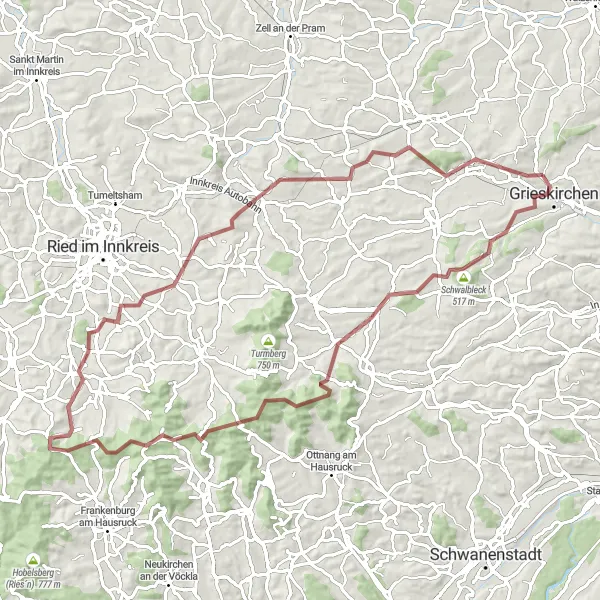 Miniatura della mappa di ispirazione al ciclismo "Gravel tour da Grieskirchen a Schwalbleck" nella regione di Oberösterreich, Austria. Generata da Tarmacs.app, pianificatore di rotte ciclistiche