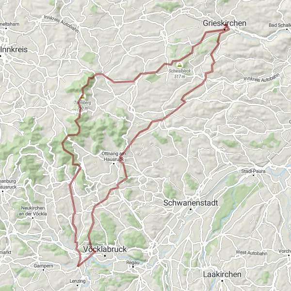 Zemljevid v pomanjšavi "Pustolovščina po makadamskih cestah" kolesarske inspiracije v Oberösterreich, Austria. Generirano z načrtovalcem kolesarskih poti Tarmacs.app