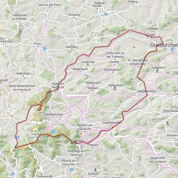 Miniatuurkaart van de fietsinspiratie "Gravelroute rond Grieskirchen" in Oberösterreich, Austria. Gemaakt door de Tarmacs.app fietsrouteplanner