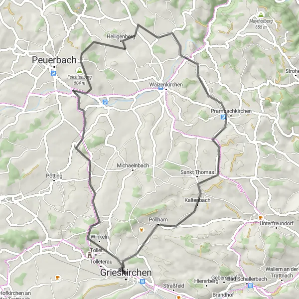 Miniature de la carte de l'inspiration cycliste "Tour des Villages traditionnels d'Oberösterreich" dans la Oberösterreich, Austria. Générée par le planificateur d'itinéraire cycliste Tarmacs.app