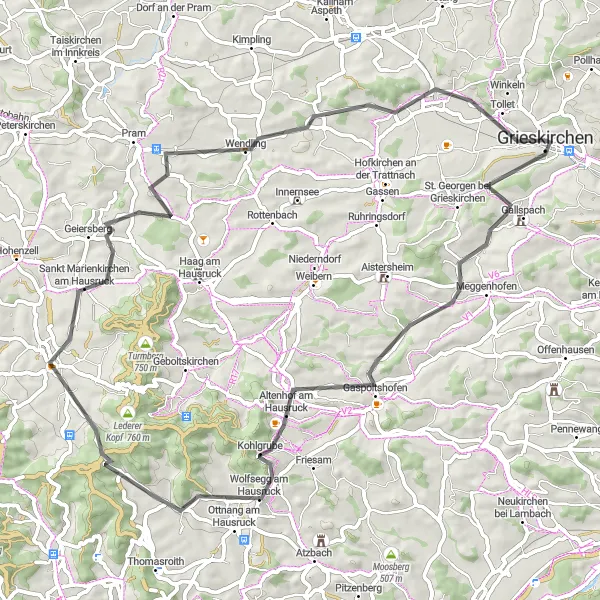 Karttaminiaatyyri "Grieskirchen - Gallspach - Wolfsegg am Hausruck - Geiersberg - Taufkirchen an der Trattnach - Grieskirchen" pyöräilyinspiraatiosta alueella Oberösterreich, Austria. Luotu Tarmacs.app pyöräilyreittisuunnittelijalla