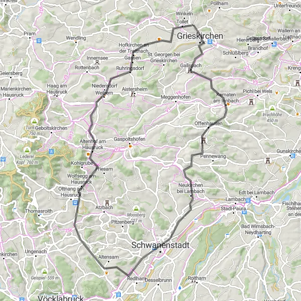 Miniaturní mapa "Půvabné trasy na kole kolem Grieskirchenu" inspirace pro cyklisty v oblasti Oberösterreich, Austria. Vytvořeno pomocí plánovače tras Tarmacs.app