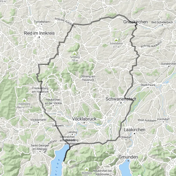 Miniatura della mappa di ispirazione al ciclismo "Grieskirchen - Lake Atter" nella regione di Oberösterreich, Austria. Generata da Tarmacs.app, pianificatore di rotte ciclistiche