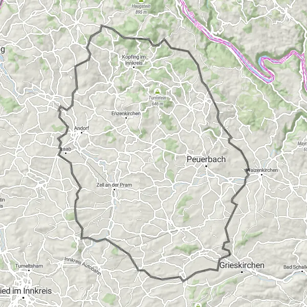 Miniatura della mappa di ispirazione al ciclismo "Tour in bicicletta sulla strada da Grieskirchen a Taiskirchen" nella regione di Oberösterreich, Austria. Generata da Tarmacs.app, pianificatore di rotte ciclistiche