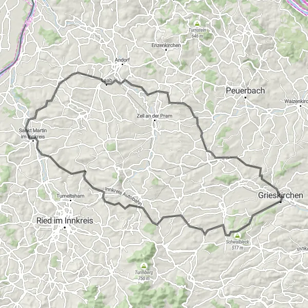 Karttaminiaatyyri "Pitkä päiväreitti Innkreis" pyöräilyinspiraatiosta alueella Oberösterreich, Austria. Luotu Tarmacs.app pyöräilyreittisuunnittelijalla