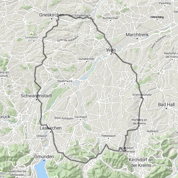 Miniaturní mapa "Cyklistická trasa kolem Grieskirchenu a okolí" inspirace pro cyklisty v oblasti Oberösterreich, Austria. Vytvořeno pomocí plánovače tras Tarmacs.app