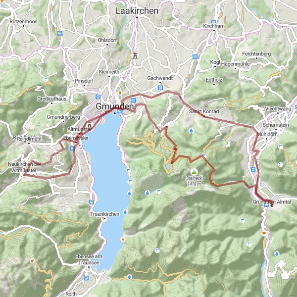 Miniaturní mapa "Gravel Zwillingskogel a Gmunden" inspirace pro cyklisty v oblasti Oberösterreich, Austria. Vytvořeno pomocí plánovače tras Tarmacs.app