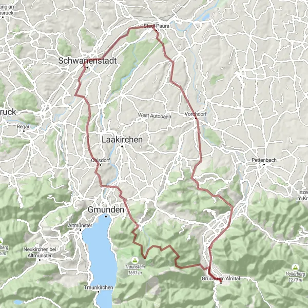 Miniatua del mapa de inspiración ciclista "Ruta de ciclismo de grava Almtal" en Oberösterreich, Austria. Generado por Tarmacs.app planificador de rutas ciclistas