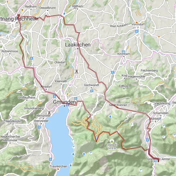 Mapa miniatúra "Gravel Akčná trasa cez hory" cyklistická inšpirácia v Oberösterreich, Austria. Vygenerované cyklistickým plánovačom trás Tarmacs.app