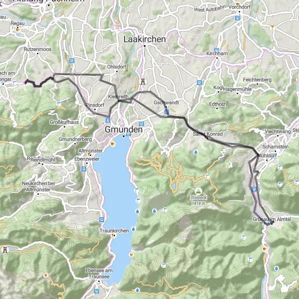 Miniatura della mappa di ispirazione al ciclismo "Tour in bicicletta da Grünau im Almtal a Grünau im Almtal Redlmühle" nella regione di Oberösterreich, Austria. Generata da Tarmacs.app, pianificatore di rotte ciclistiche