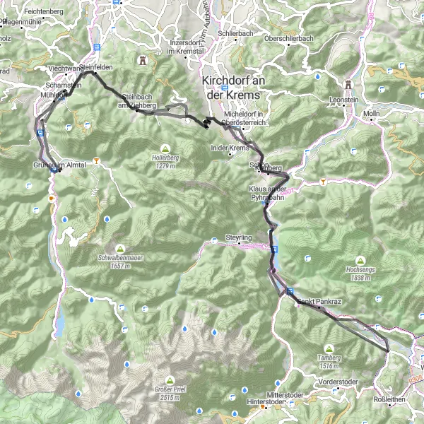 Miniatuurkaart van de fietsinspiratie "Grünau-Klaus-Falkenstein Route" in Oberösterreich, Austria. Gemaakt door de Tarmacs.app fietsrouteplanner