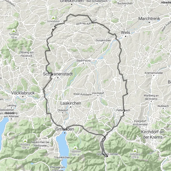 Miniatura della mappa di ispirazione al ciclismo "Rotta tra Laghi e Montagne" nella regione di Oberösterreich, Austria. Generata da Tarmacs.app, pianificatore di rotte ciclistiche